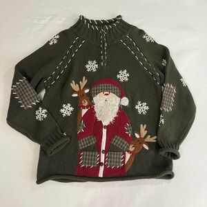 Vintage Mandal Bay Green Christmas Quarter Zip Knit Sweater Santa and Reindeer L
